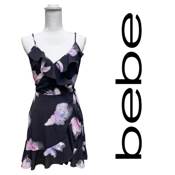 bebe Dresses & Skirts - BEBE Black Purple Floral Ruffle Wrap Cami Dress